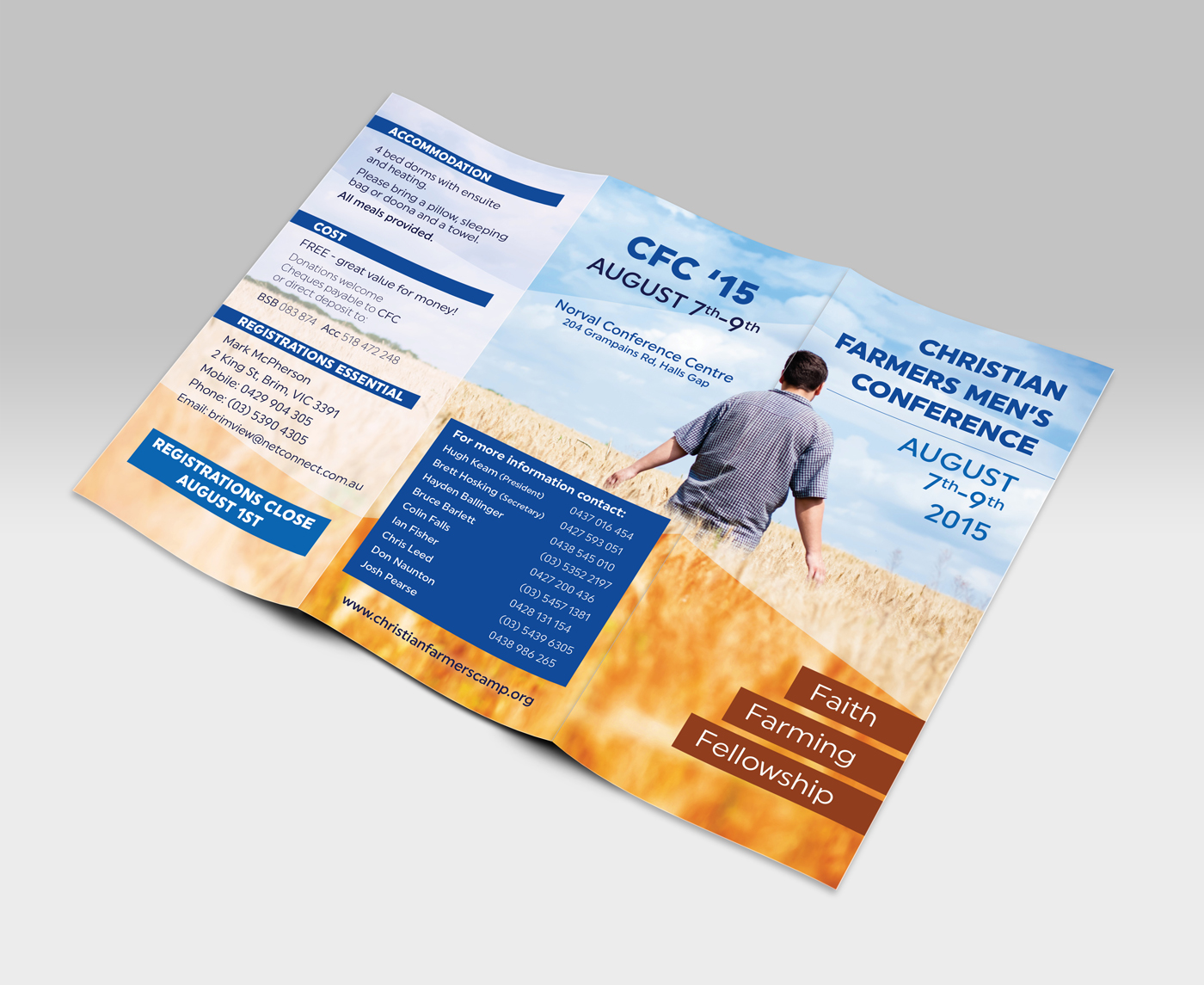 Bi-fold information brochure for Christians Farmers Men's Conference 2015. 