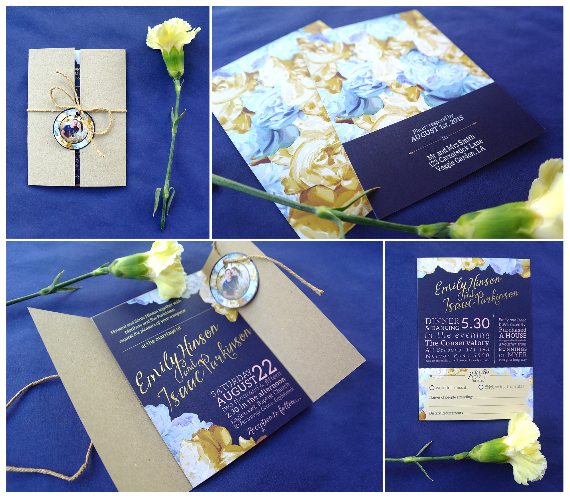  Wedding invitations - featuring personalised tags, perferated RSVP slip and pocket.&nbsp; 