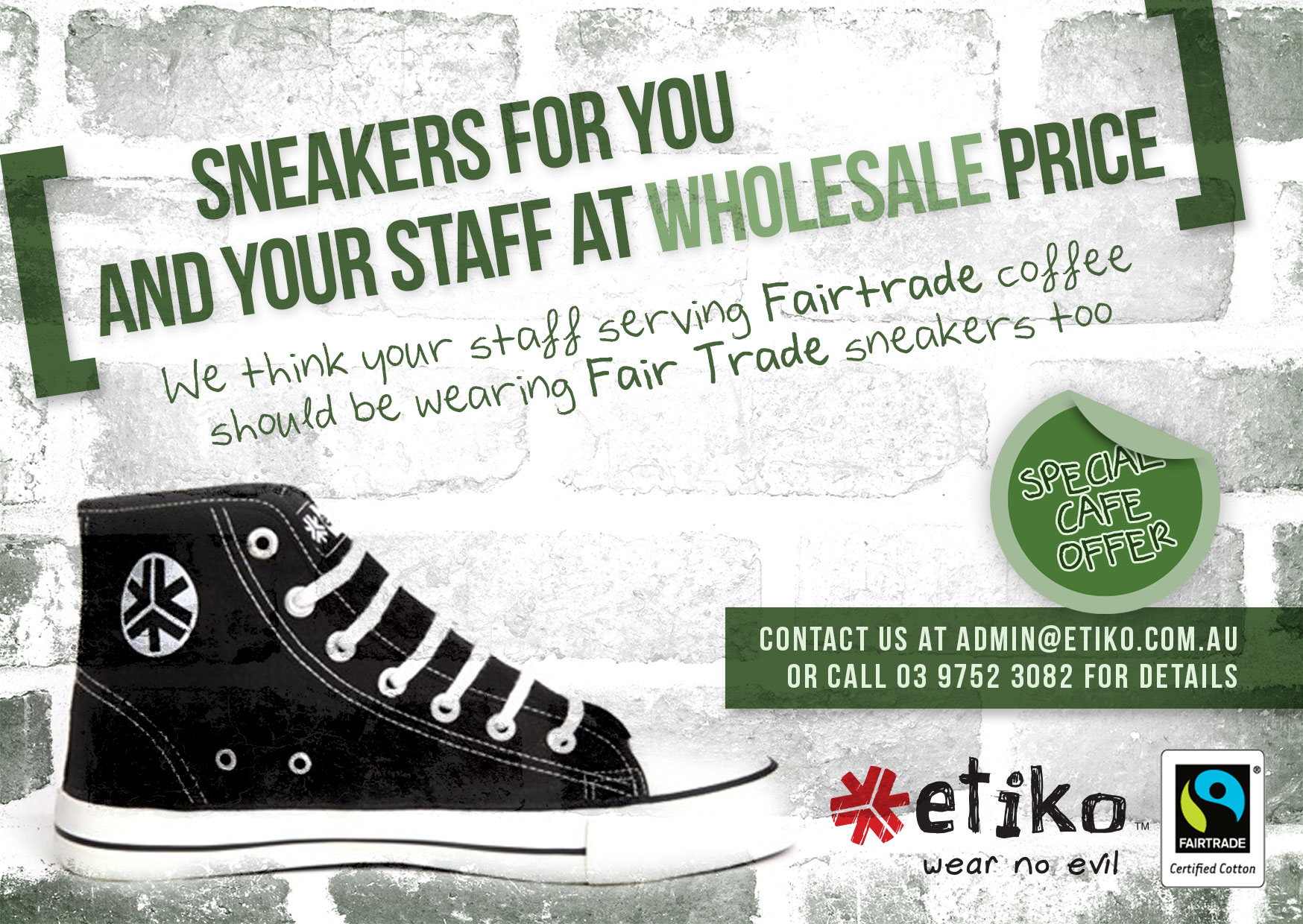  Postcard handed out to local Melbourne Cafe's to promote&nbsp; Etiko Fairtrade&nbsp; Shoes.&nbsp; 