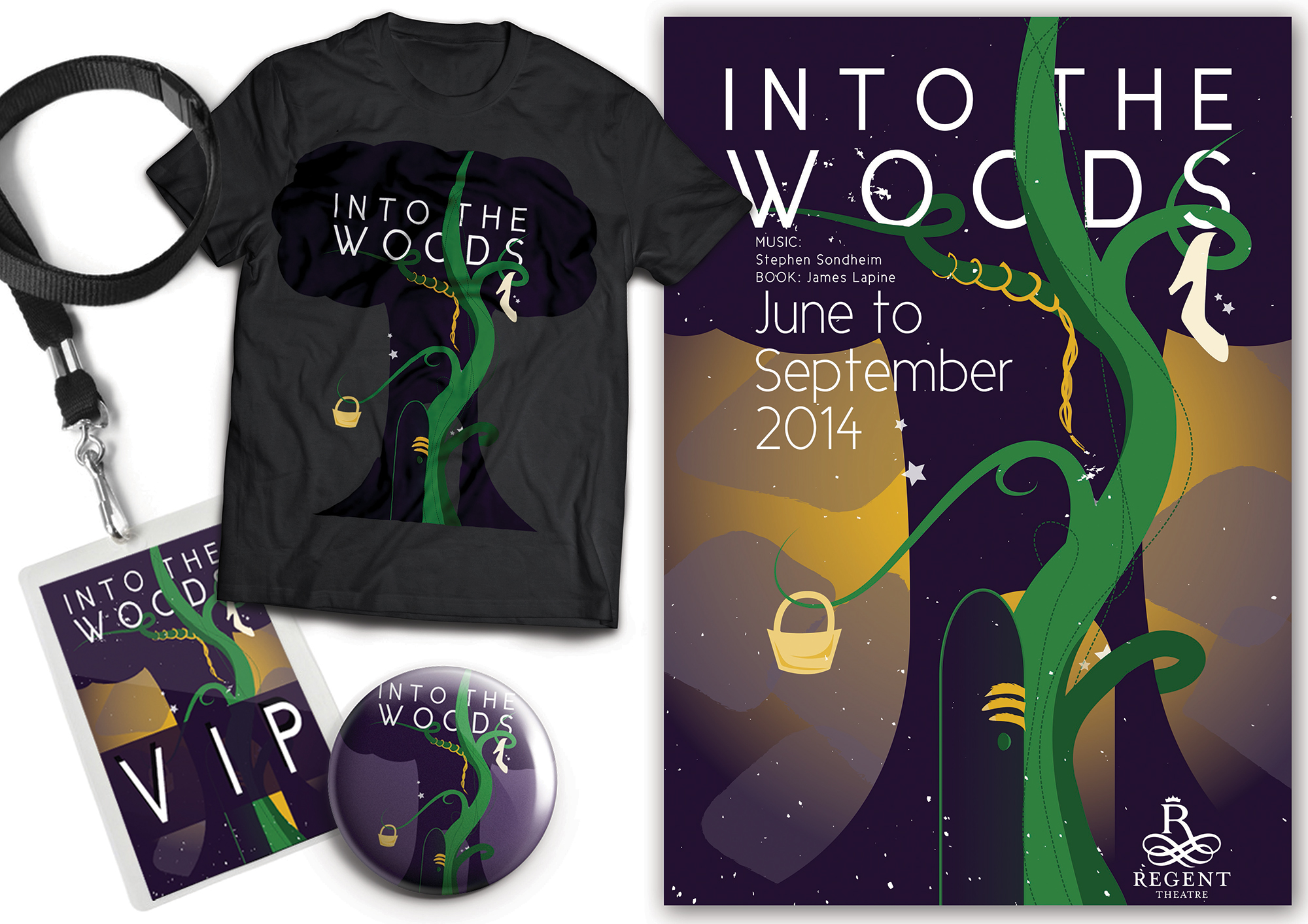  Fictional poster for musical "Into the Woods". Poster, and merchandise (including t-shirt, badge and VIP lanyard).&nbsp; 