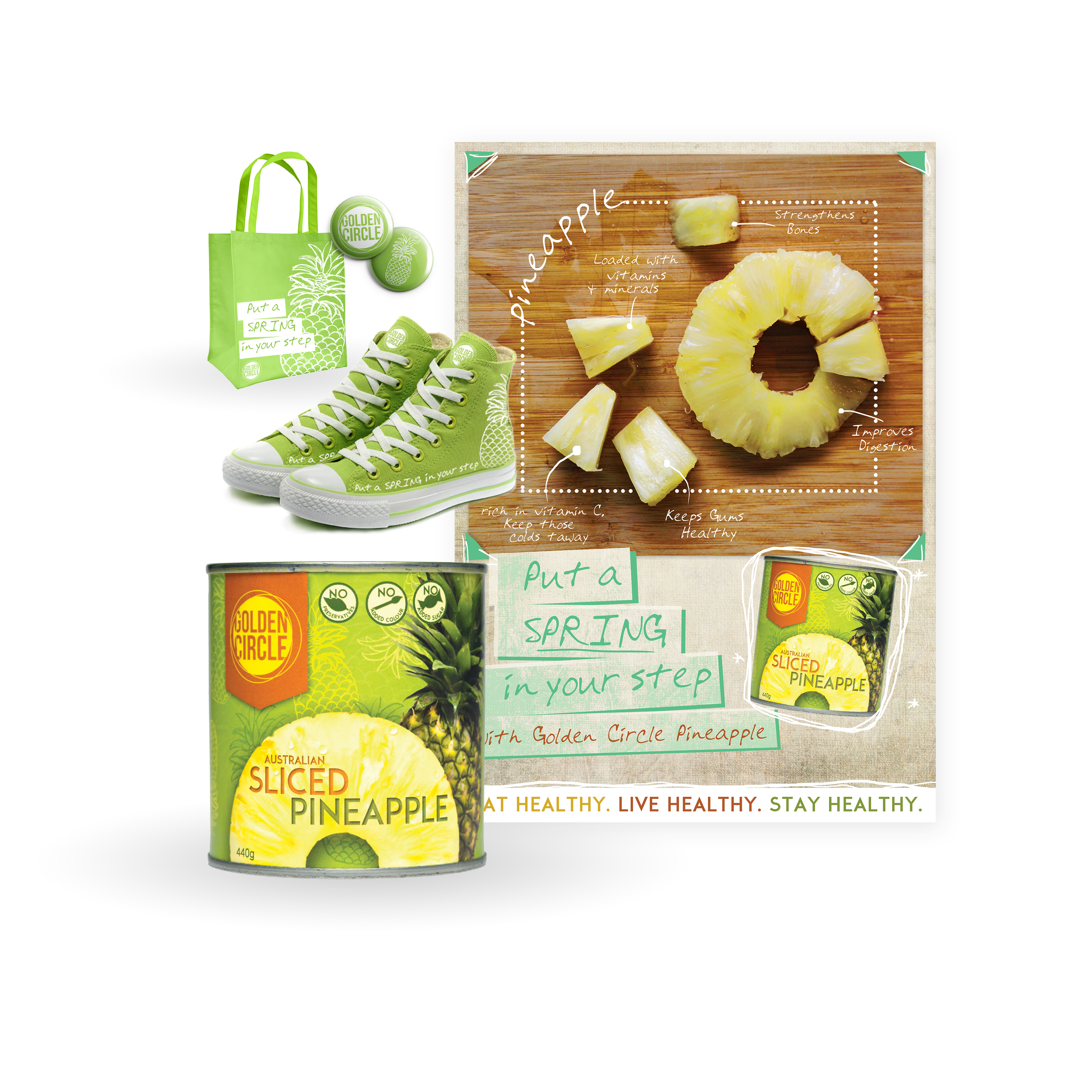  Fictional redesign of Golden Circle Tinned Pineapple. Including magazine ad design, and promotional shoes, bag and pins.&nbsp; 