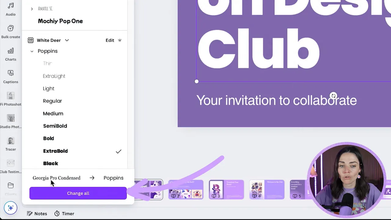 Changing heading font in Canva brand kit to Poppins and choosing change all