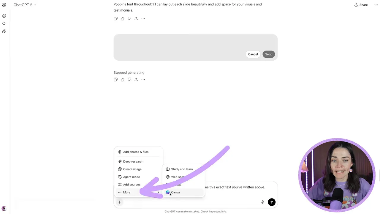 Selecting Canva in ChatGPT more apps before requesting the design