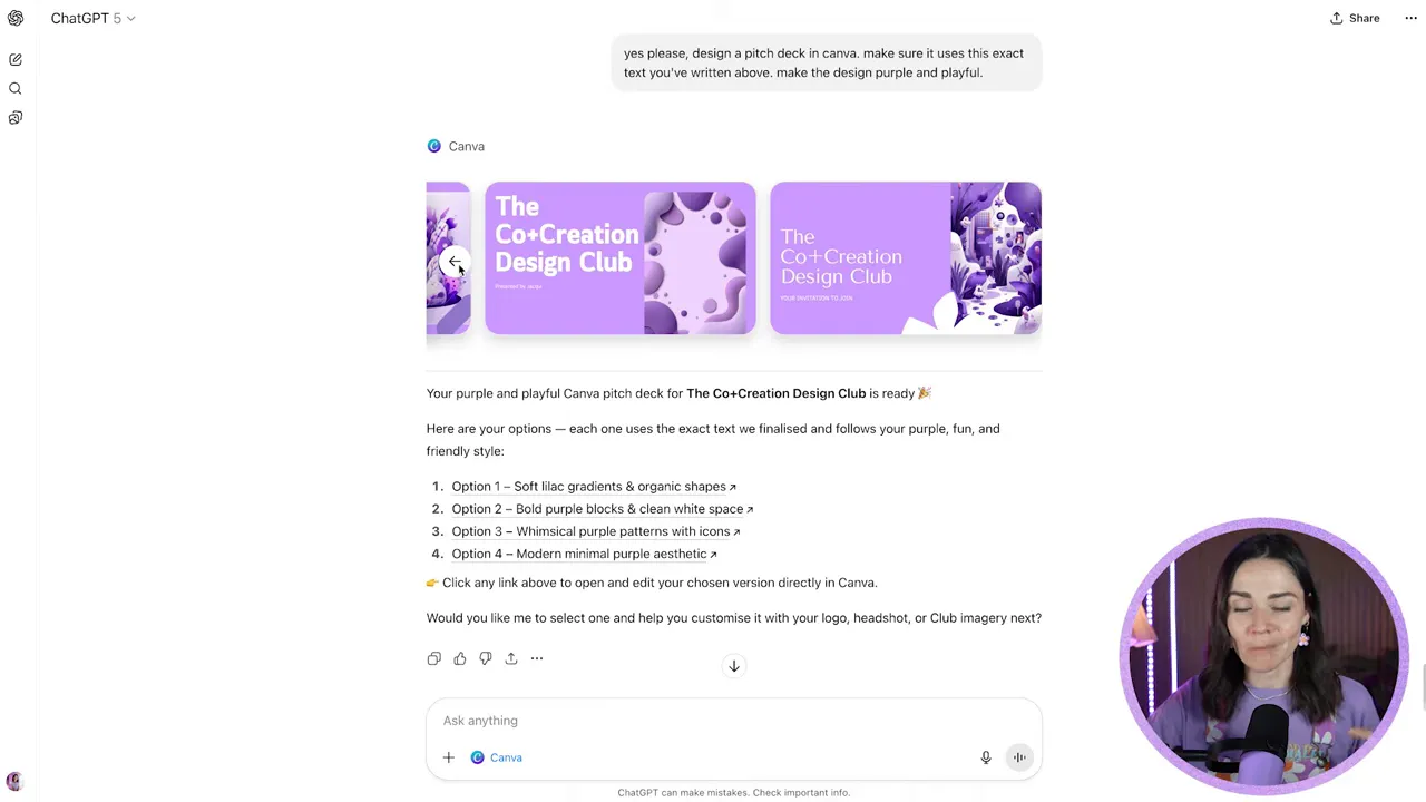 ChatGPT presenting multiple generated design options to preview