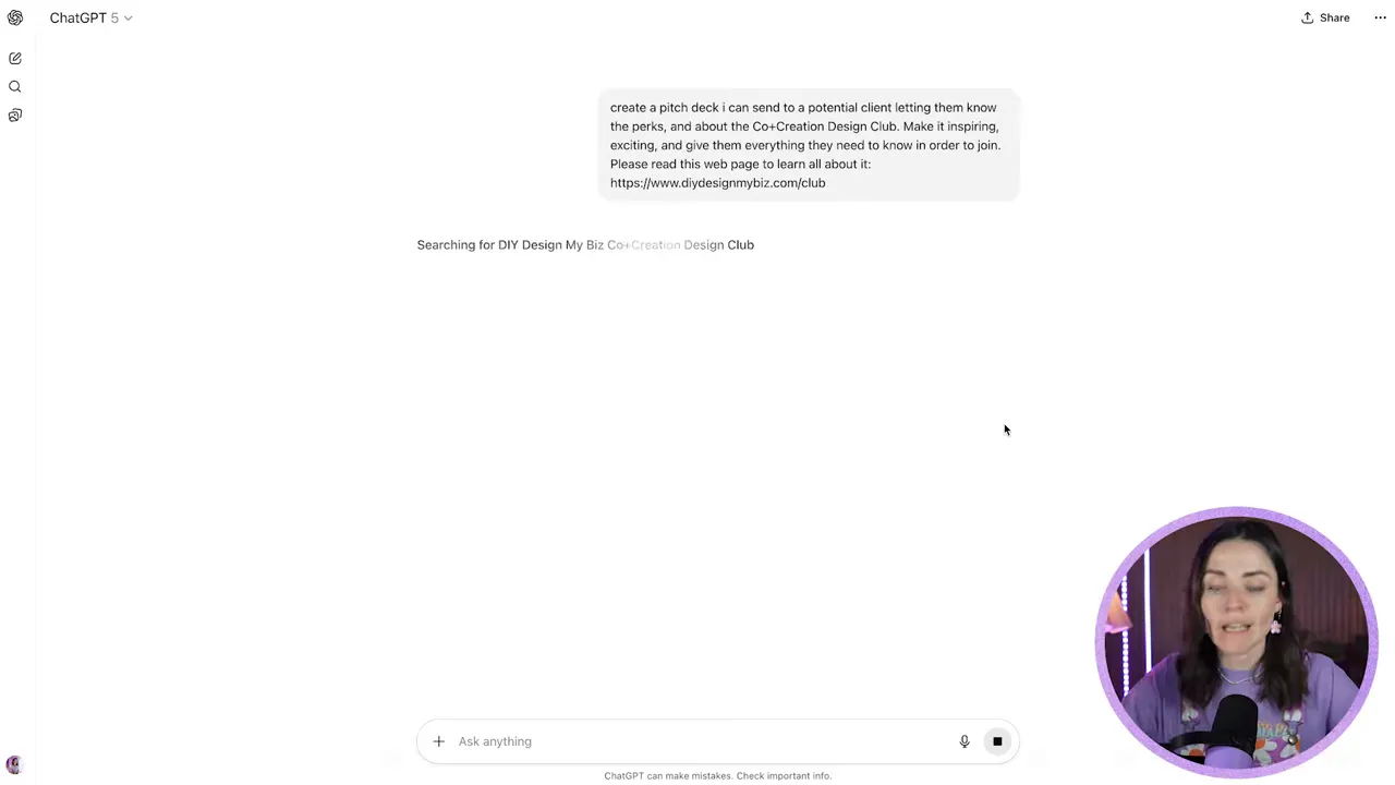 Prompt asking ChatGPT to create a pitch deck from a webpage