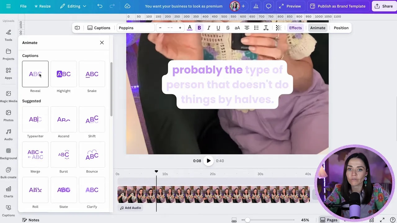 Canva Animate panel focused on Captions presets showing Reveal, Highlight and Snake with the caption text visible on the video canvas and timeline below.