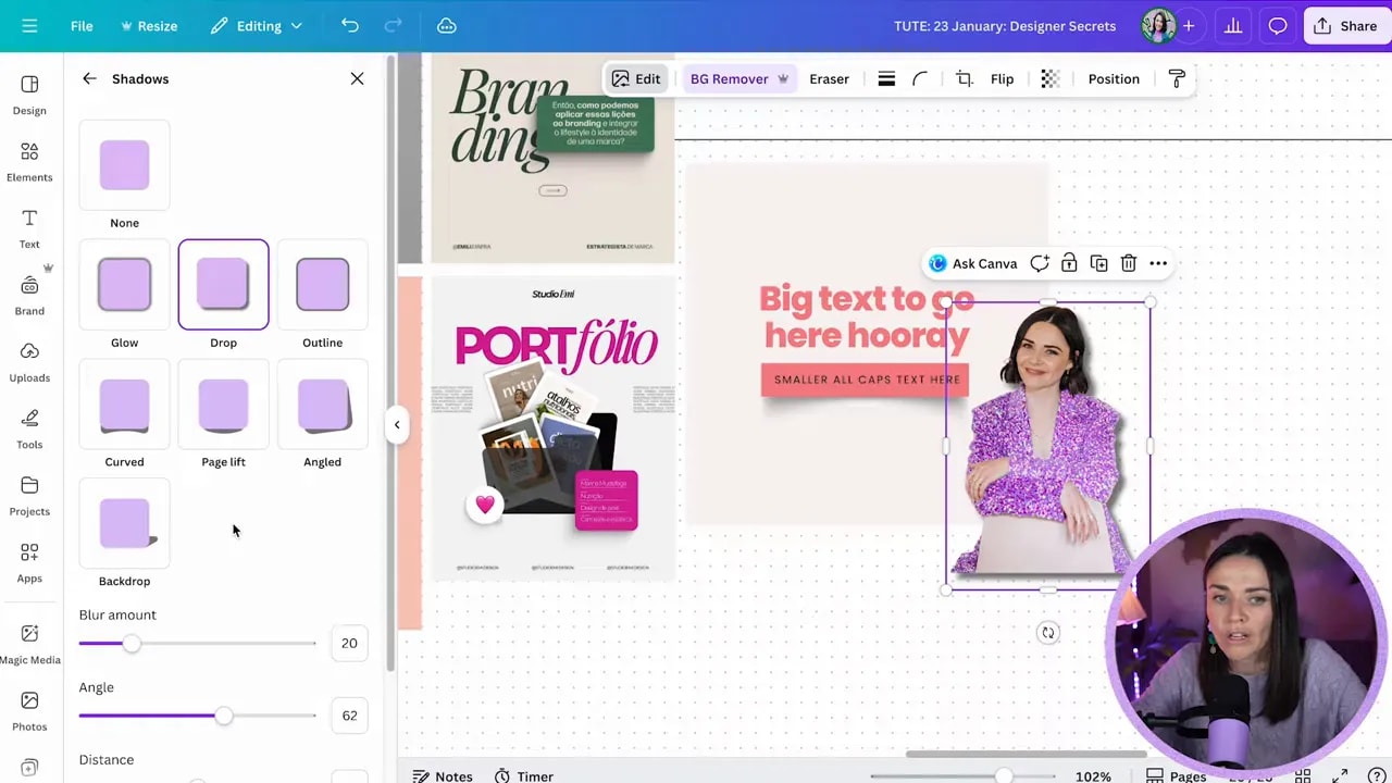 Canva Shadows panel with the Drop shadow selected and blur/angle sliders visible while a cutout photo preview shows the applied shadow.