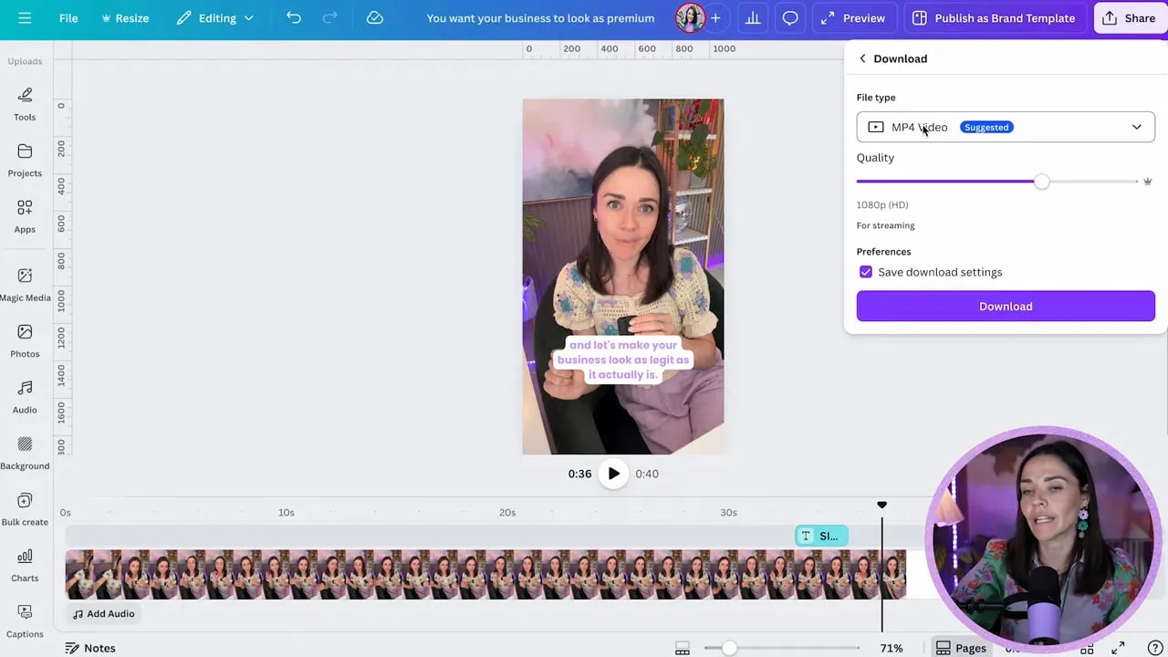Canva download dialog showing file type set to MP4, quality slider set to 1080p and a prominent purple Download button beside the vertical video preview and timeline.