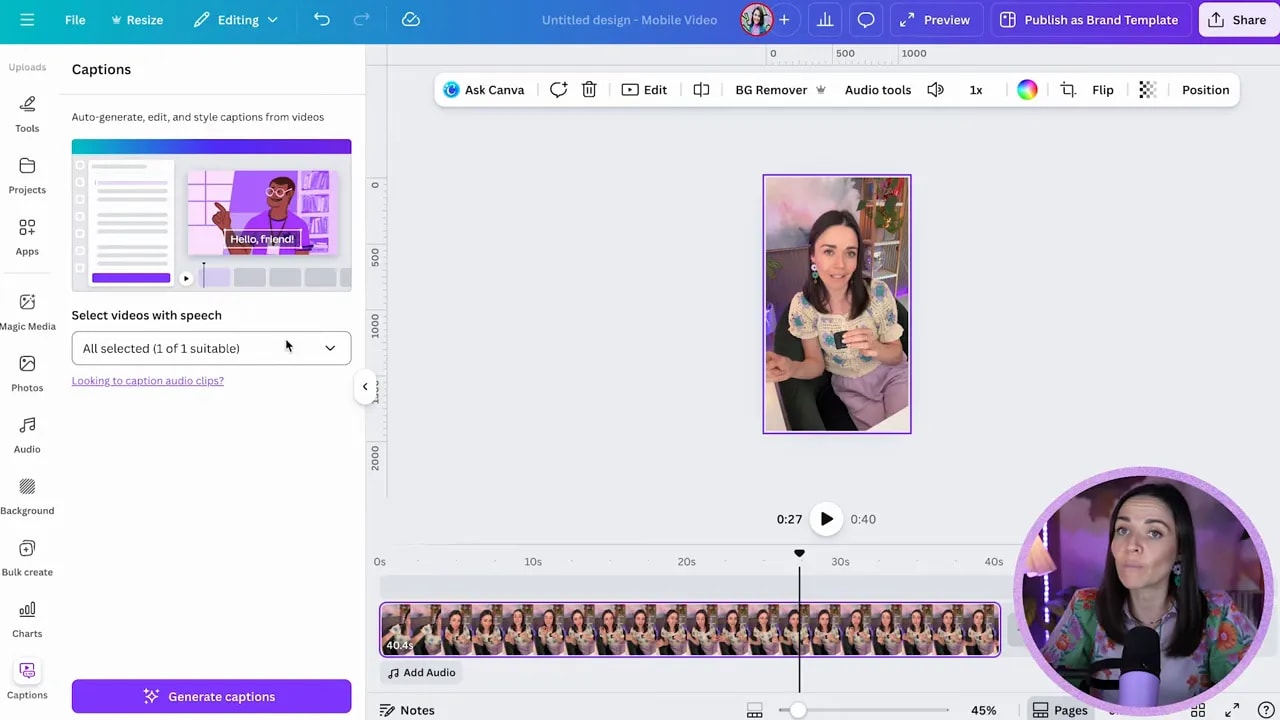 Canva editor with the Captions panel open on the left and a purple 'Generate captions' button visible, plus the mobile video preview and timeline on the right.