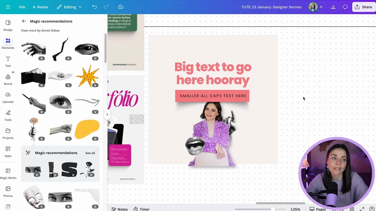 Clean Canva canvas showing a large pink headline 'Big text to go here hooray' and a smaller all-caps label beneath it, elements panel at left and presenter in a small circular video overlay