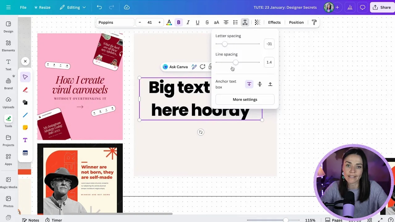 Canva editor showing a bold headline selected with the letter spacing and line spacing controls open, demonstrating text spacing adjustments.