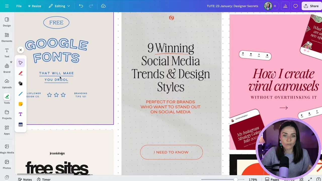 Zoomed Canva canvas showing three layout cards (blue Google Fonts, center editorial headline, pink carousel) and the left editing toolbar.