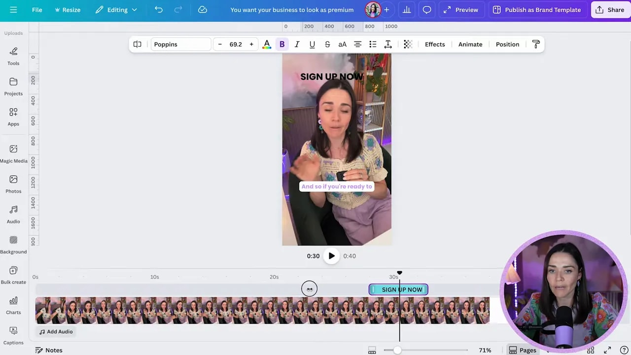 Canva editor with a vertical video on the canvas and a selected caption element labeled 'SIGN UP NOW' shown as a blue bar on the timeline with the playhead nearby.