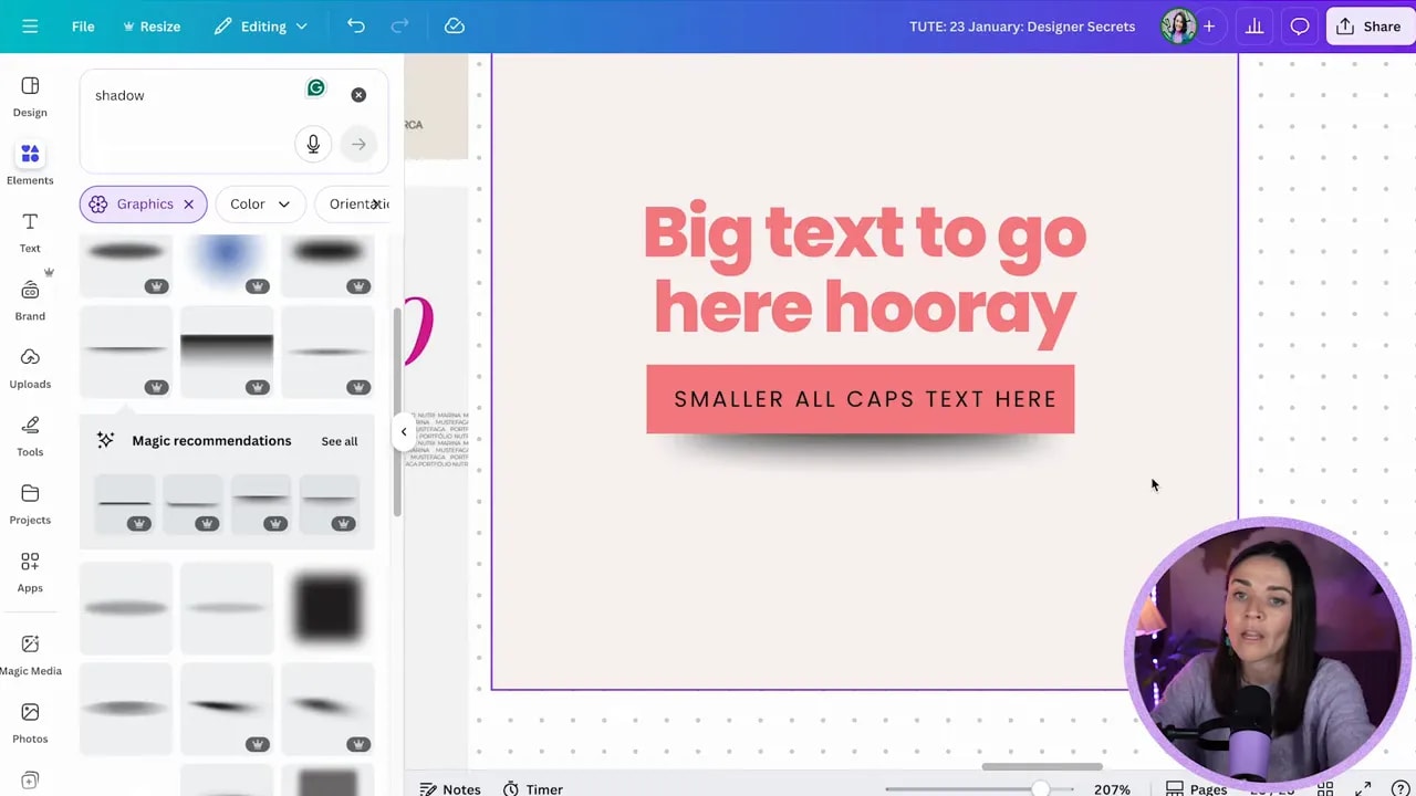 Final Canva design showing a soft drop shadow under a pink label beneath a large headline, with a small presenter inset.