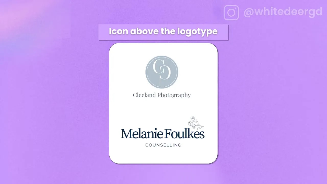 Clear example of logos with the icon placed above the logotype on a rounded white card with purple background; header reads 'Icon above the logotype'