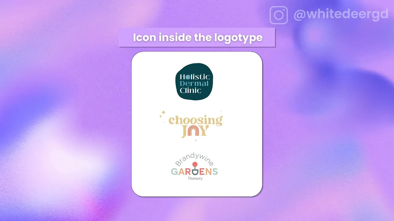 Centered white rounded card showing three clean logo examples where icons are embedded into the logotype, on a purple gradient background with the label 'Icon inside the logotype'.