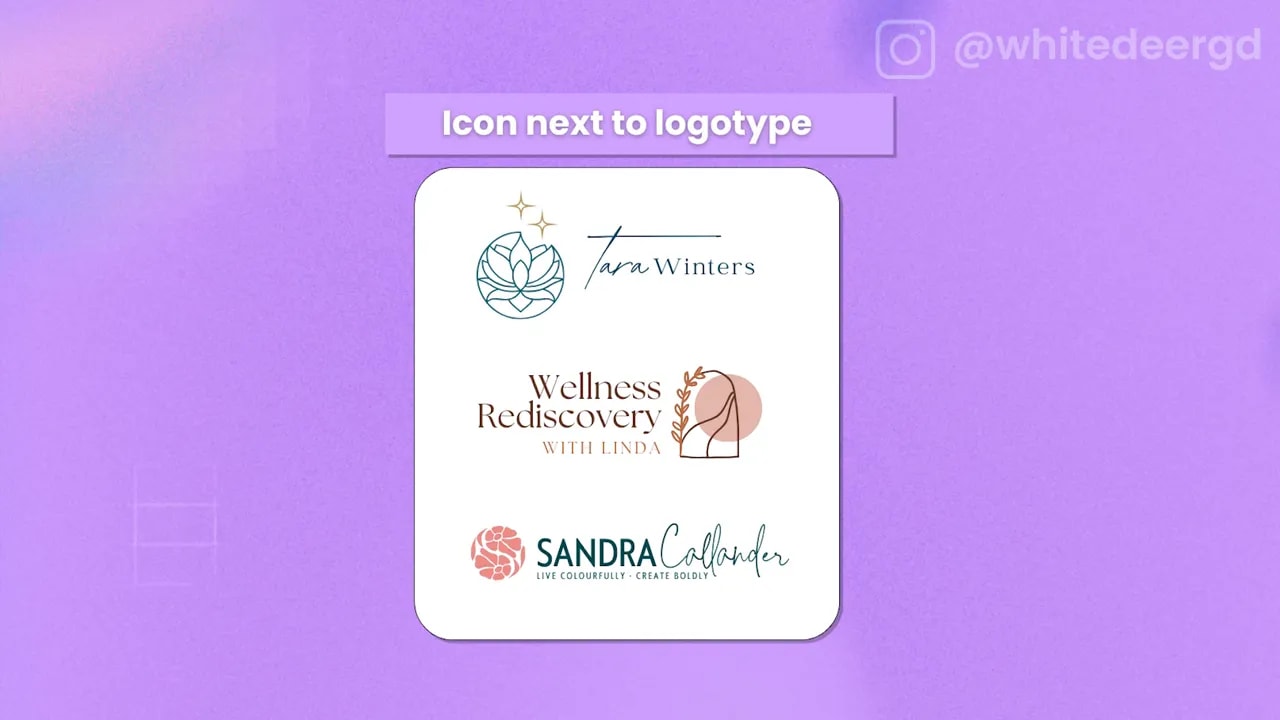 High-contrast card displaying three logos with icons placed next to the brand name and header 'Icon next to logotype'