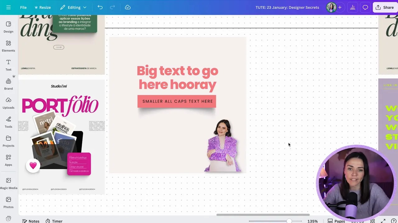 Clean Canva canvas showing a centered card with bold headline and a cutout photo layered over the lower-right corner, with dotted grid background and minimal UI