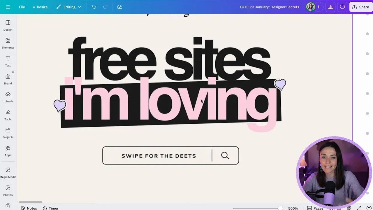 Full-screen Canva design: layered headline 'free sites i'm loving' with search bar and round presenter overlay