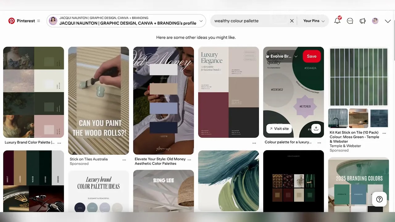 Pinterest results page showing a clear grid of colour palette thumbnails and moodboard images.