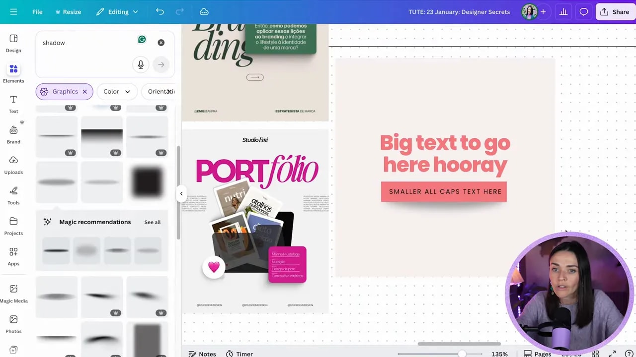 Soft shadow beneath a small red label under a headline in the Canva editor