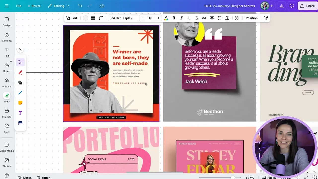 Close view of Canva templates showing a red poster card and a sticky-note mockup with clear soft drop shadows creating depth.