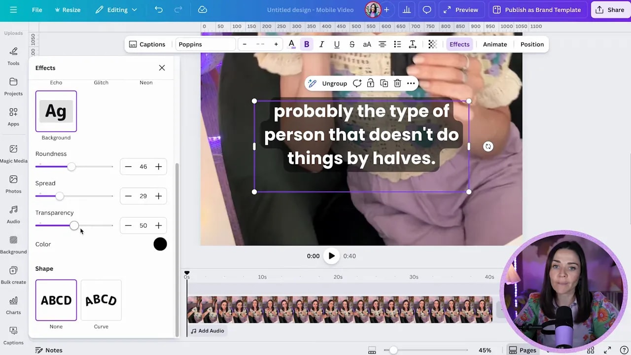 Canva Effects panel showing Background effect with roundness, spread and transparency sliders and shape options, plus a dark pill behind the caption text.