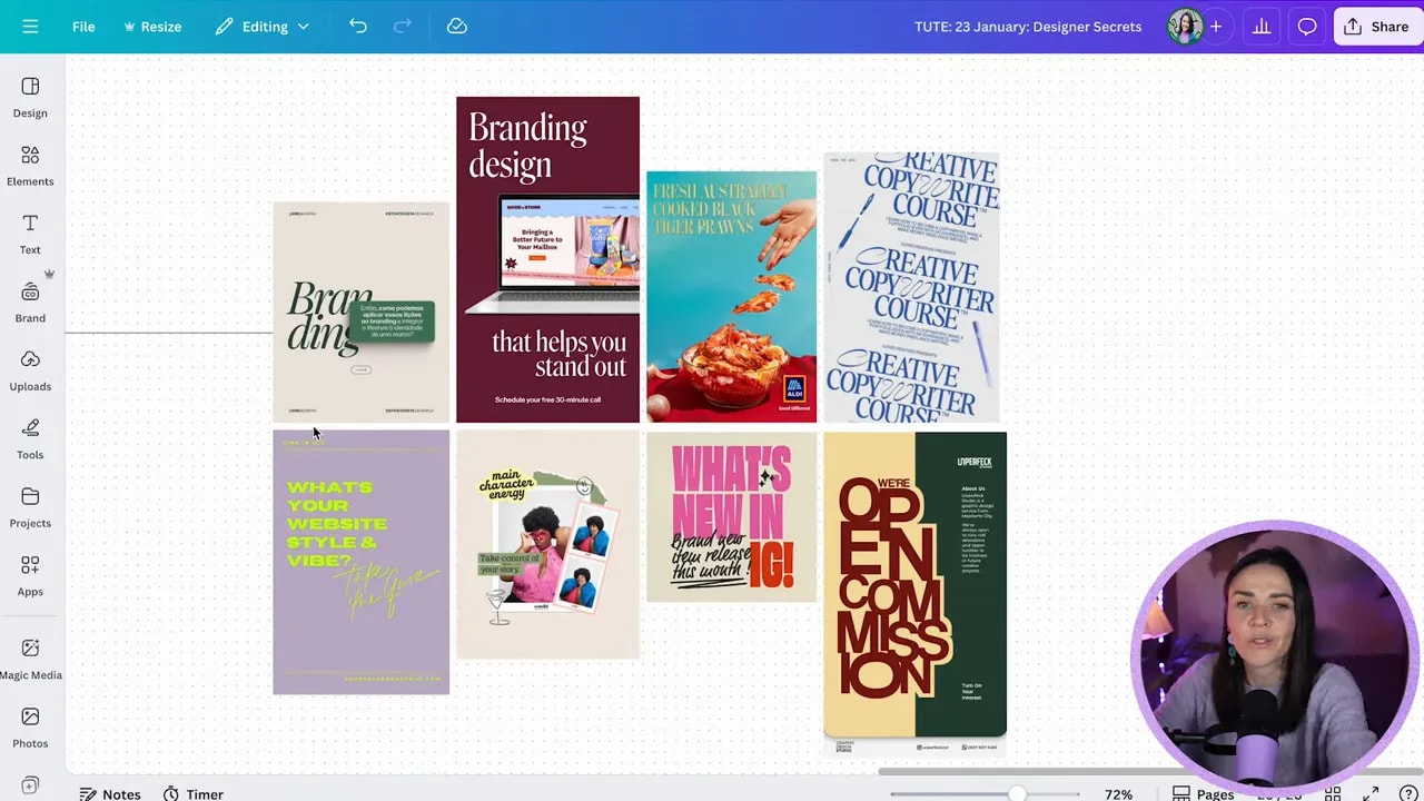Canva canvas with multiple branding posters arranged in a grid