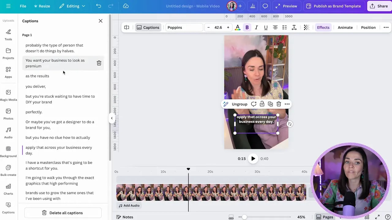 Canva Captions panel open with caption text blocks for editing