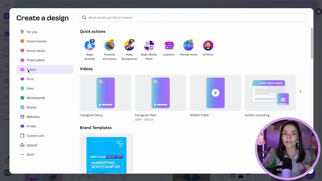 Canva create-a-design screen showing video options like Instagram Reel and mobile video