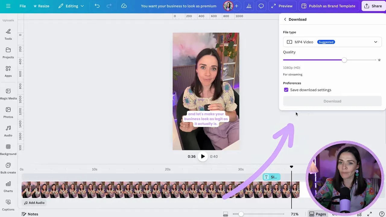 Canva Download settings panel showing MP4 Video selected and video quality configured