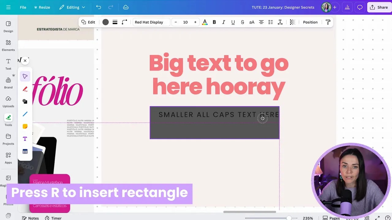 Canva editor showing a selected all-caps text box positioned with guide lines