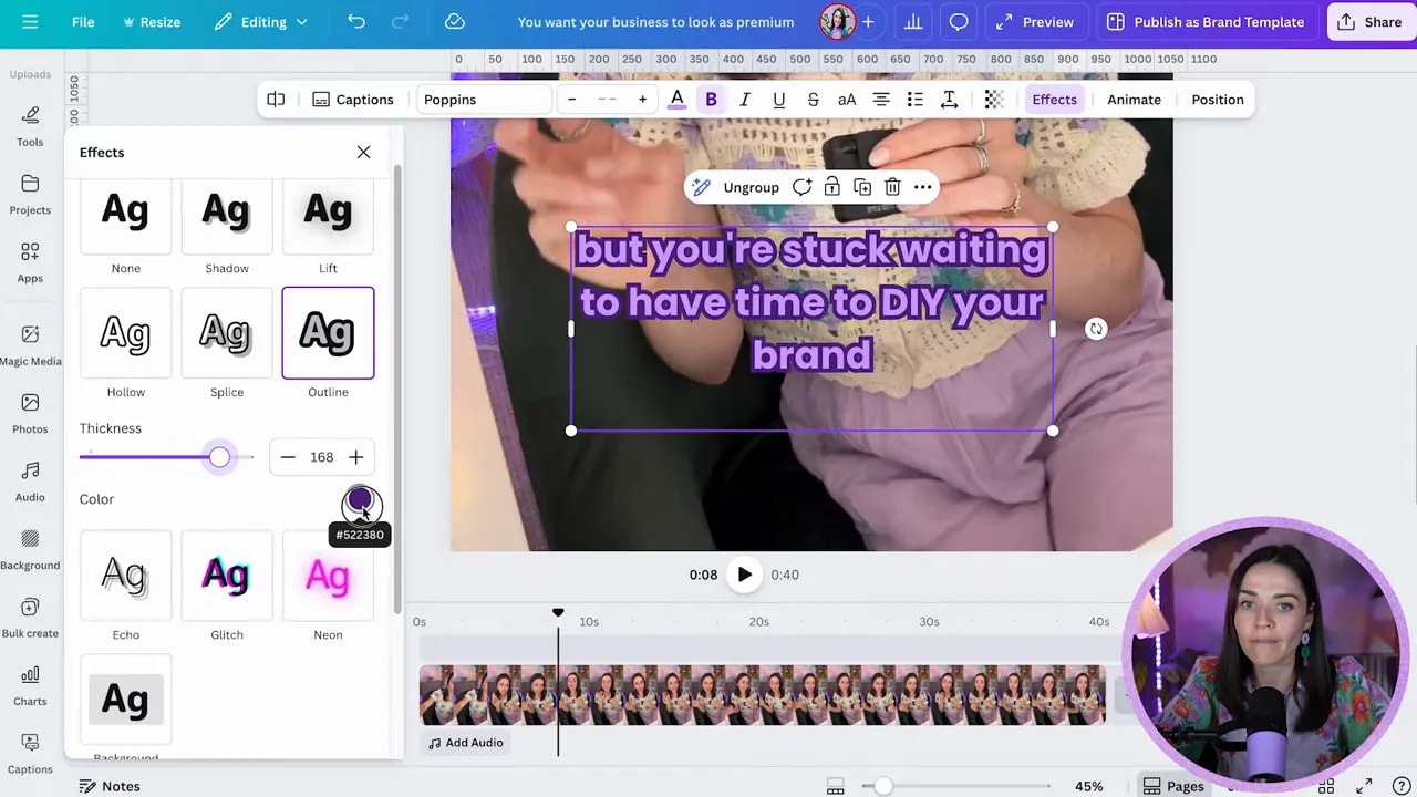 Canva Effects panel showing caption outline thickness control