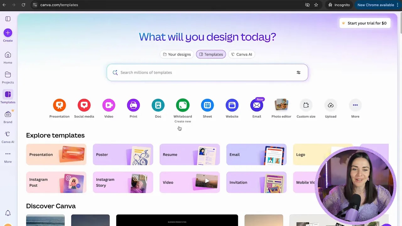Canva homepage with template category row, search bar, and left sidebar