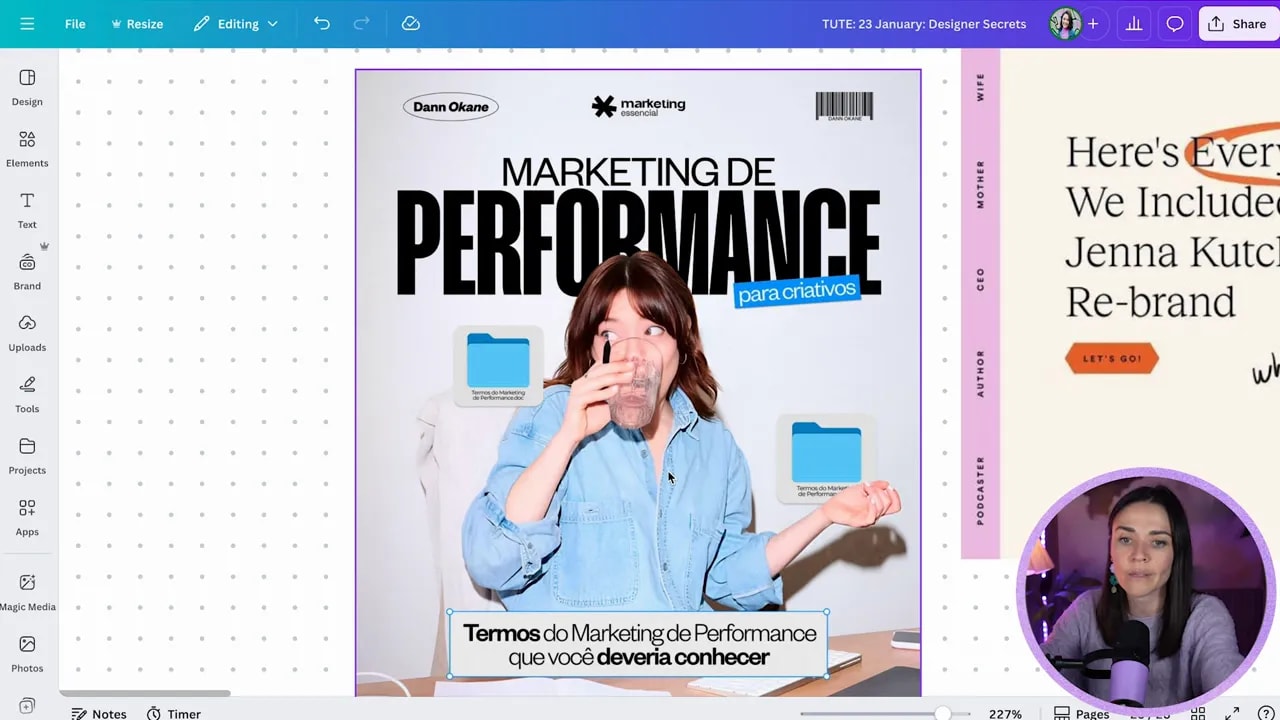 Canva screenshot showing a marketing graphic with layered headline, subject cutout, and label elements