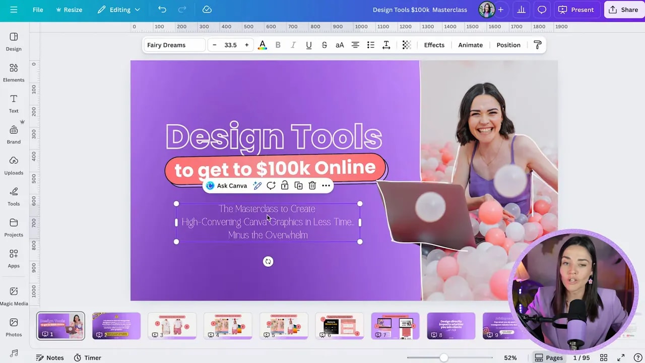 Canva text editing screen showing the custom font Fairy Dreams selected for a design
