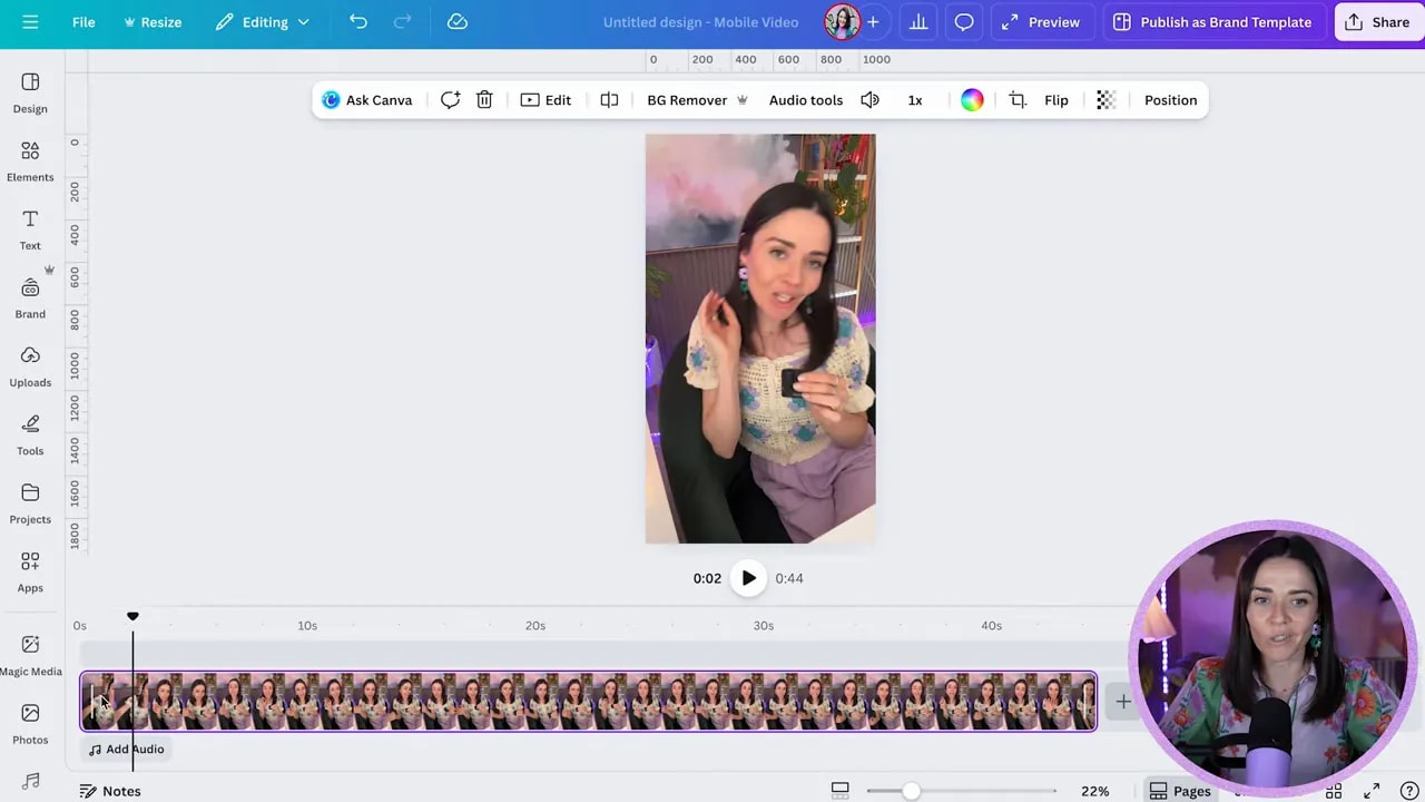 Canva timeline showing video clip alignment for caption timing