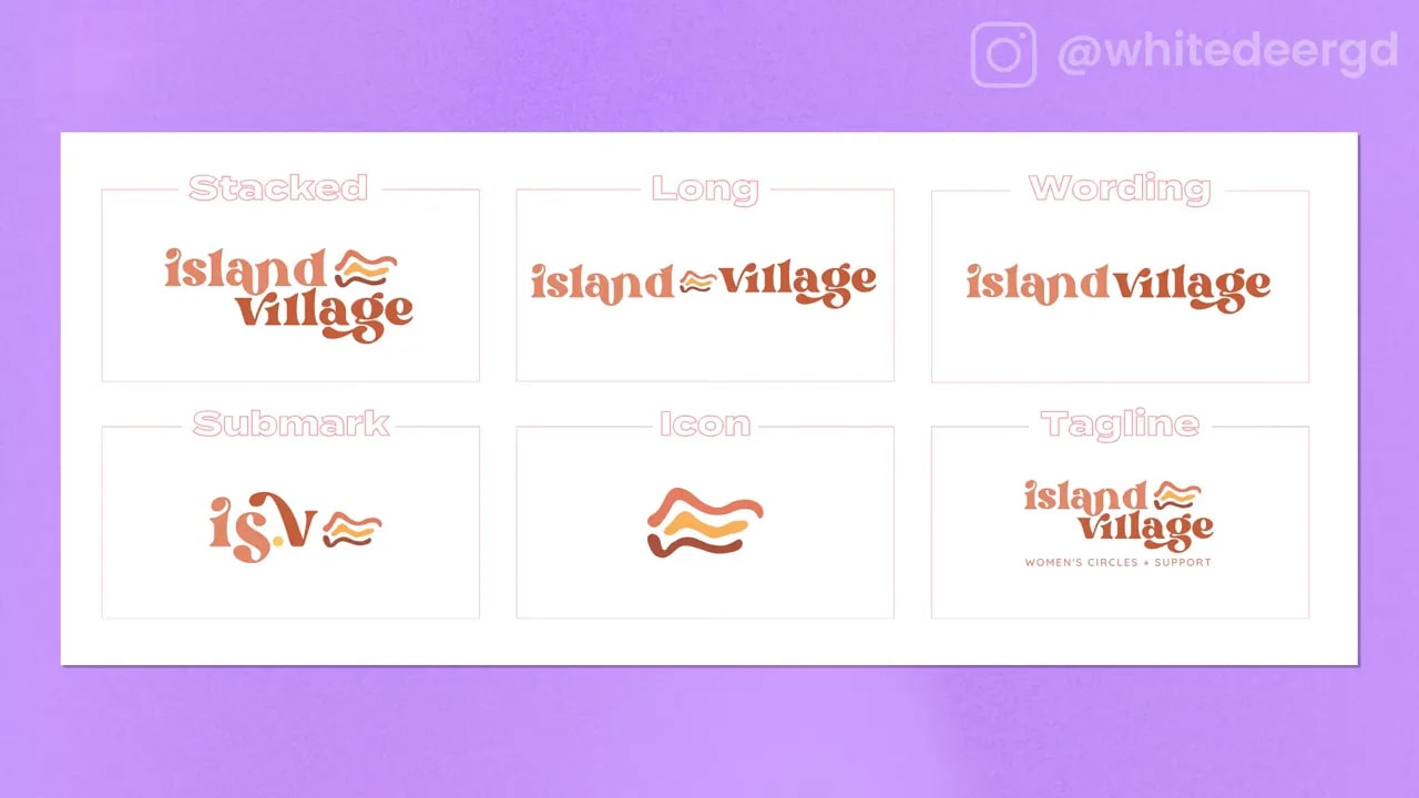 Logo suite examples for stacked, long, wordmark, submark, icon, and tagline layouts