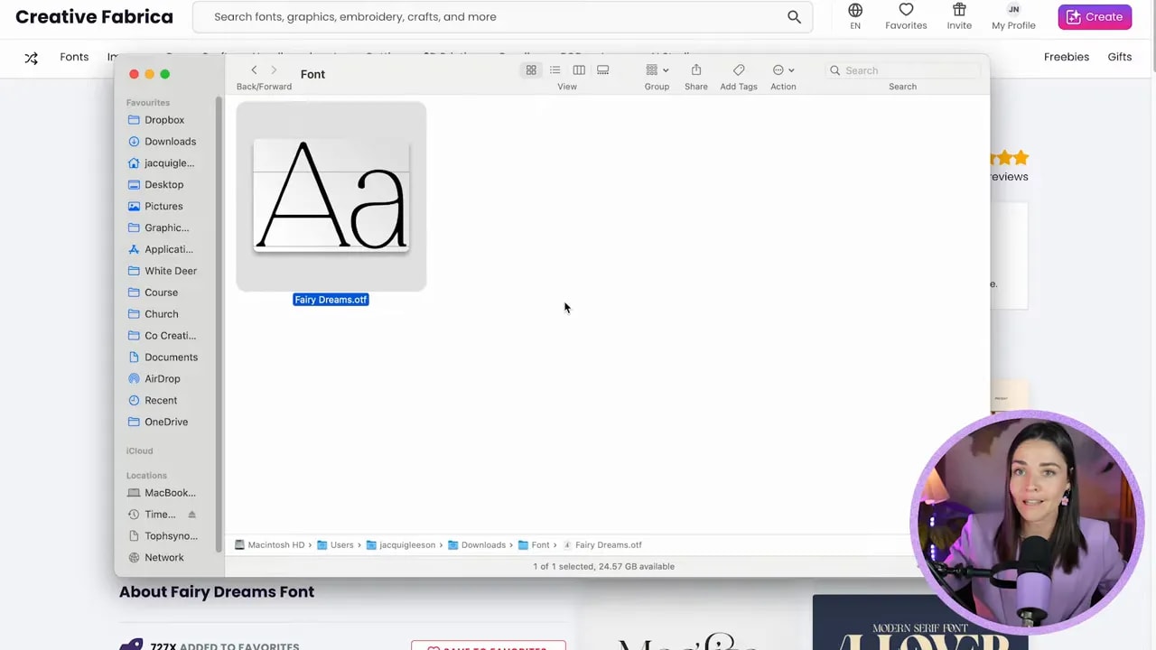 Finder window displaying the selected Fairy Dreams.otf font file