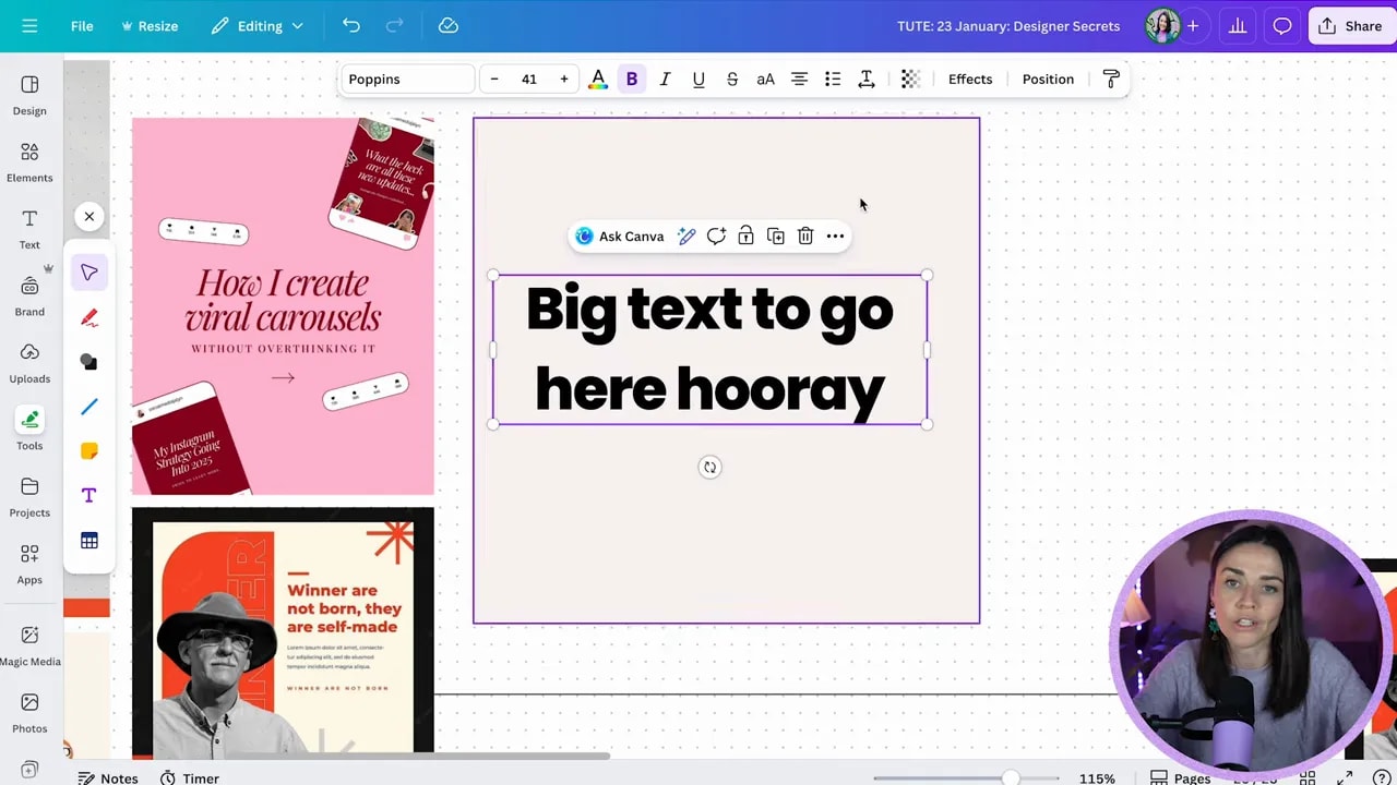 Canva editor showing large bold 'Big text to go here hooray' headline styling on a design canvas