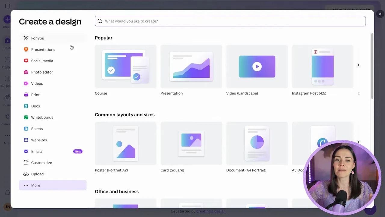 Canva Create a design modal showing category menu and layout size options