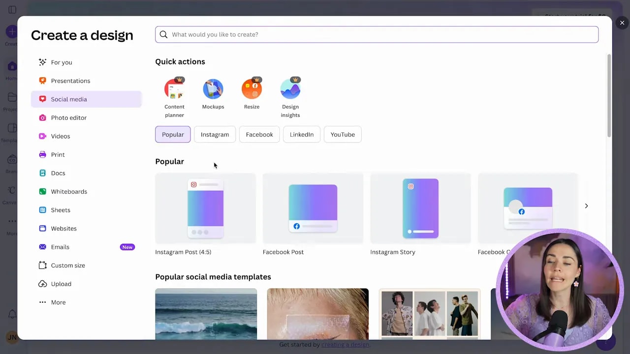 Canva Create a design panel showing social media quick actions and popular templates