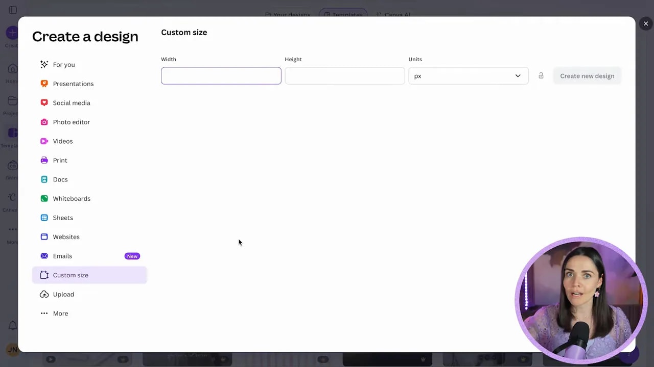 Canva Custom size panel with Width, Height fields and Units set to pixels