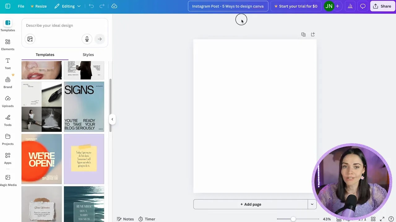 Canva blank Instagram post workspace with visible top naming area and file menu
