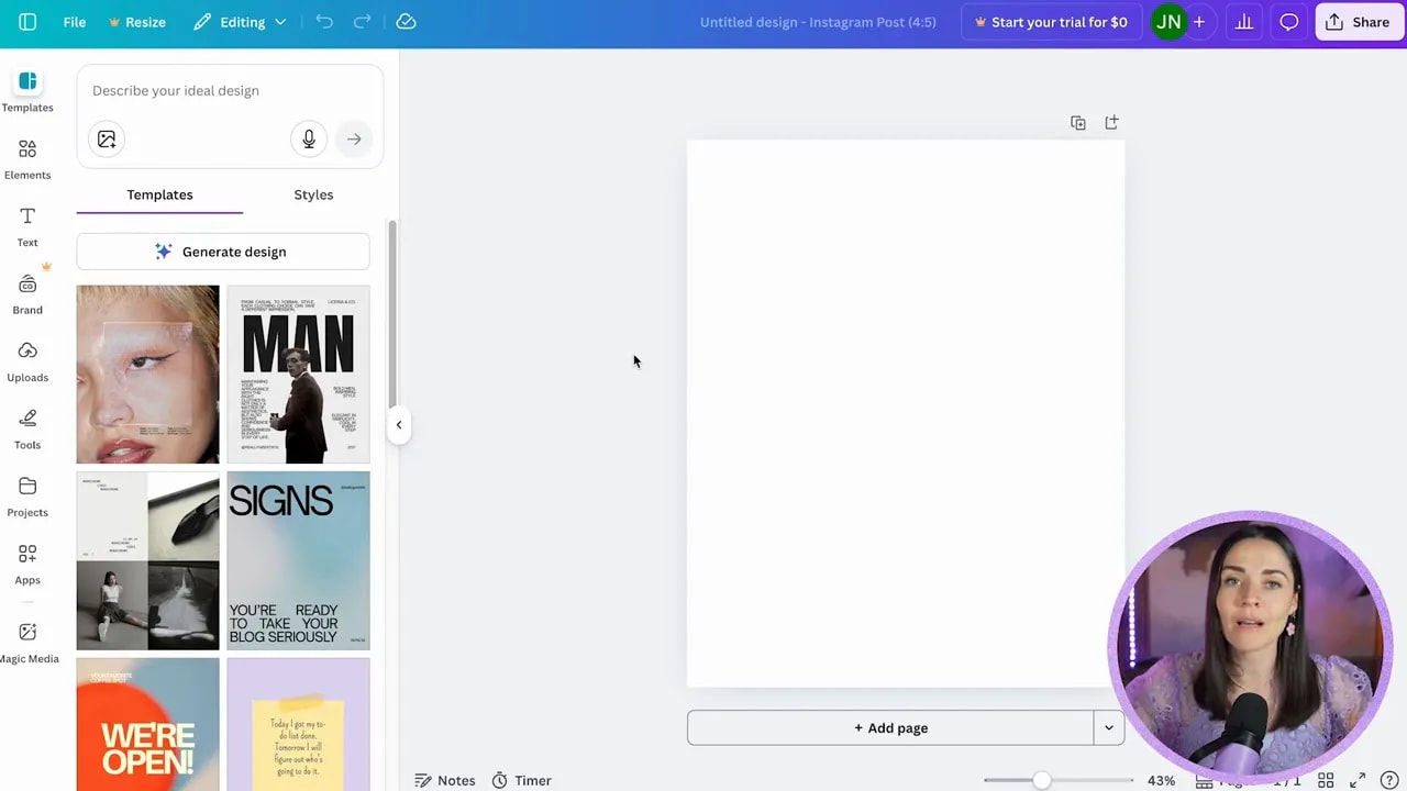 Canva editor layout with blank Instagram post canvas and templates panel