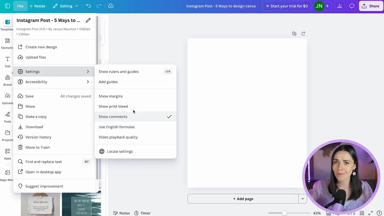 Canva File menu open with options like Show rulers and guides, Add guides, Show margins, and Show print bleed