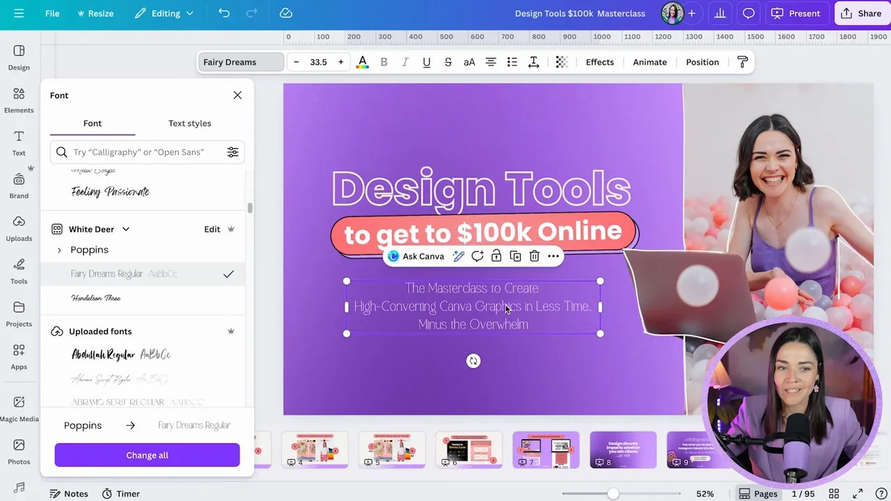 Canva Font panel with uploaded font selected and applied