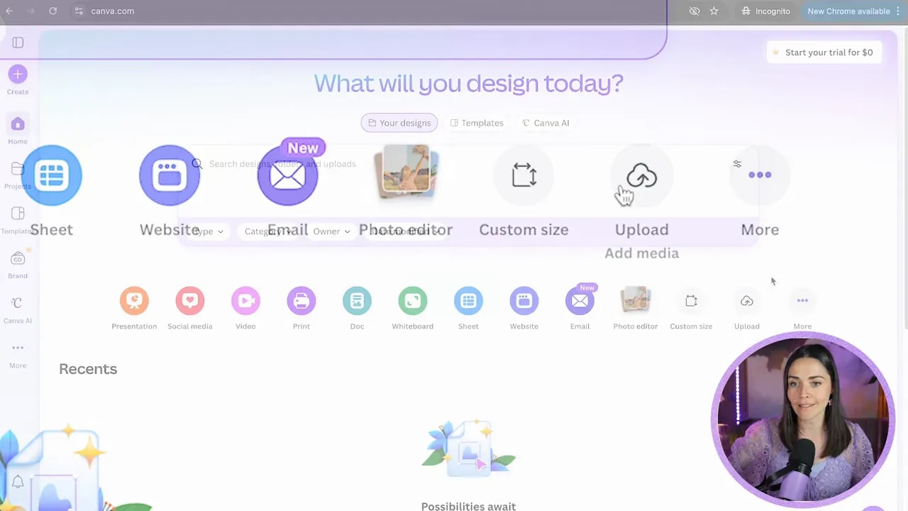 Canva homepage showing prompt 'What will you design today?' and design type icons such as Sheet, Website, Email, Photo editor, Custom size, Upload, and More