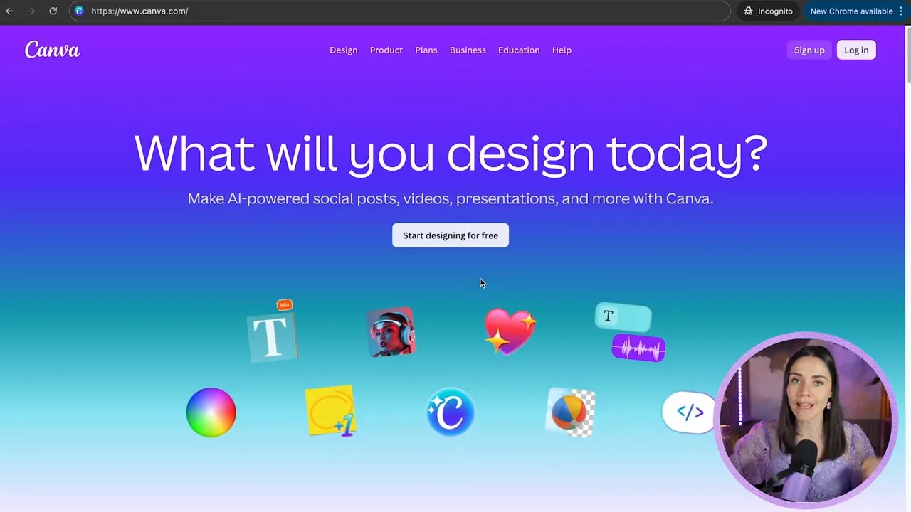 Canva homepage with “What will you design today?” and a “Start designing for free” button