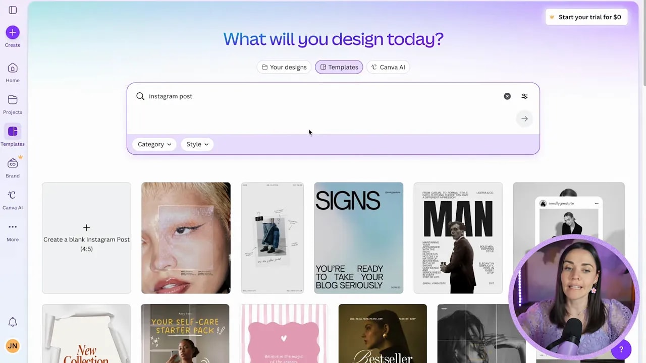 Canva showing Instagram post templates after selecting Templates